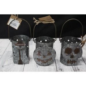 Mud Pie Set of 3 Halloween Rustic Tin Candle Holders Witch, Skeleton, Pumpkin